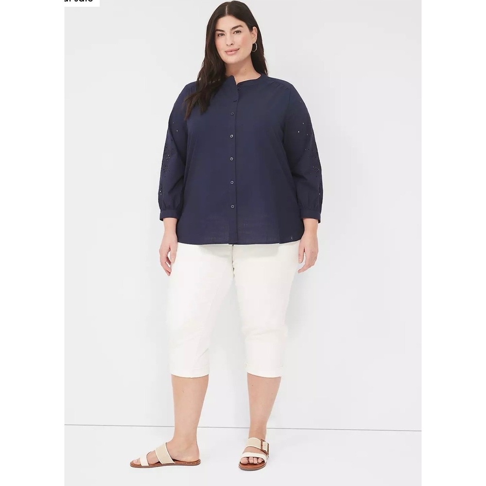 Lane Bryant Maritime Blue Relaxed Eyelet Sleeve Button Front Blouse Plus 22/24
